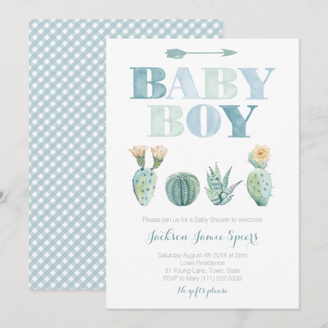 Boy Baby Shower Party med vattenfärgsaccti Inbjudningar (Fram/baksida)