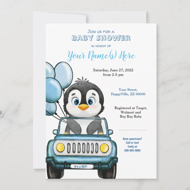 Boy Baby Shower Penguin i bilinbjudan Inbjudningar (Framsida)