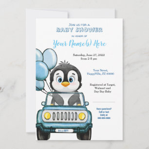 Boy Baby Shower Penguin i bilinbjudan Inbjudningar