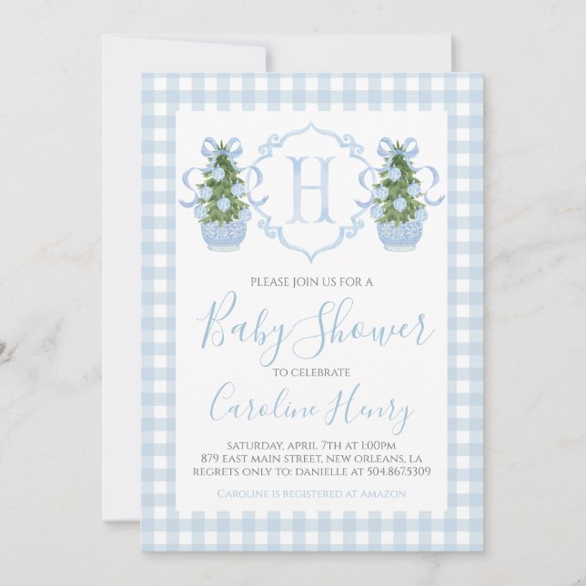 Boy Baby Shower Preppy Gingham Blue Inbjudningar (Framsida)