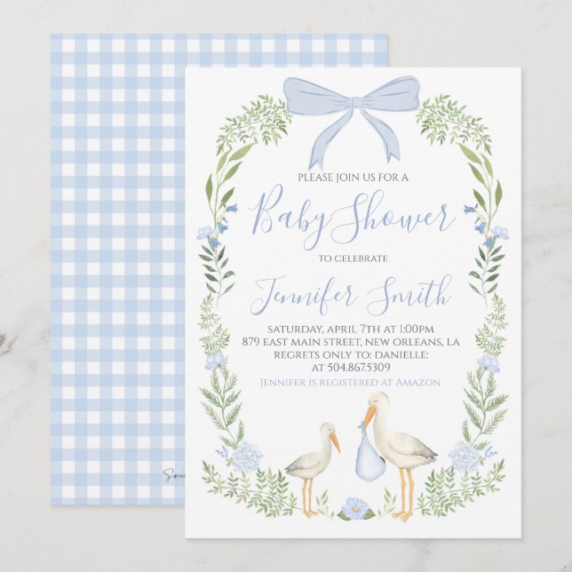 Boy Baby Shower Preppy Southern Blue Stork Inbjudningar (Fram/baksida)