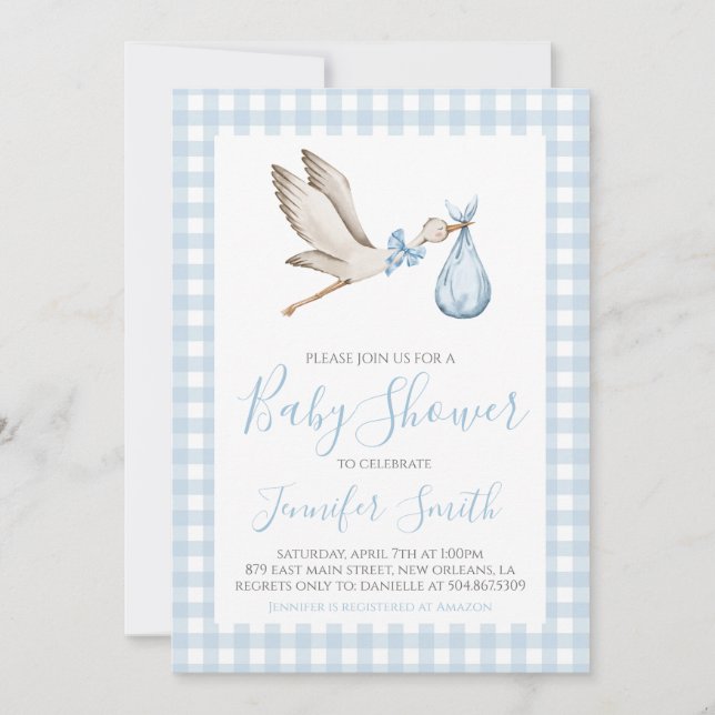 Boy Baby Shower Preppy Southern Blue Stork Inbjudningar (Framsida)