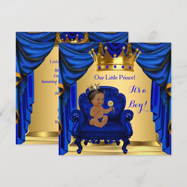 Boy Baby Shower Prince Royal Blue Guld Mörk Skin Inbjudningar (Fram/baksida)