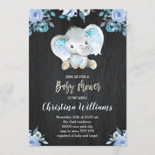 Boy Baby Shower Rustic Blåa blommor Elephant Inbjudningar