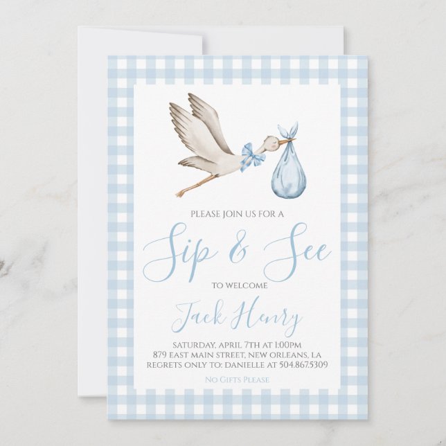 Boy Baby Shower Southern Sip & See Blue Stork Inbjudningar (Framsida)