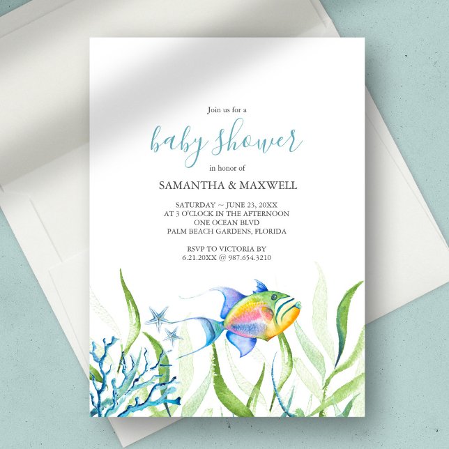 Boy Baby Shower Tropical Watercolor Inbjudningar (Boy Baby Shower Tropical Watercolor Invitation are and design by Victoria Grigaliunas )
