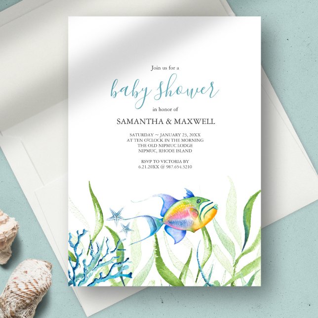 Boy Baby Shower Watercolor Cute Fish Inbjudningar (Boy Baby Shower Invitations Watercolor Cute Tropical Fish art and design by Victoria Grigaliunas)