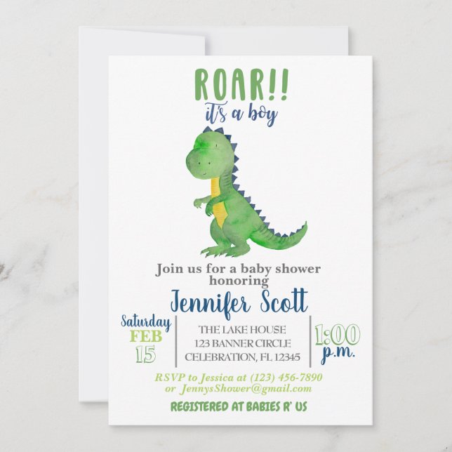 Boy Baby Shower Watercolor Dinosaur-inbjudan Inbjudningar (Framsida)