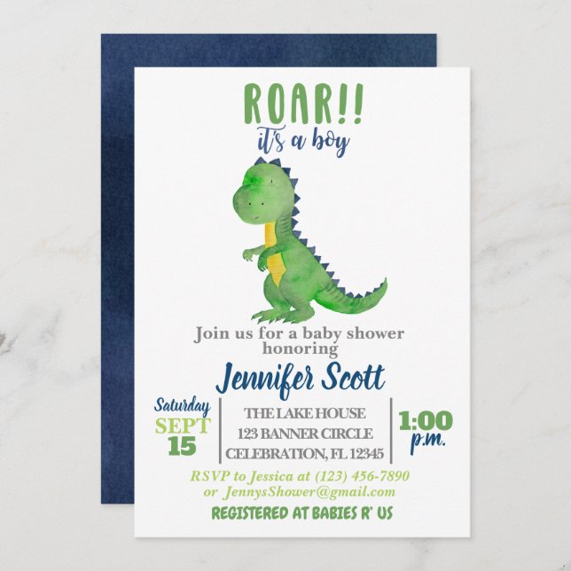 Boy Baby Shower Watercolor Dinosaur-inbjudan Inbjudningar (Fram/baksida)