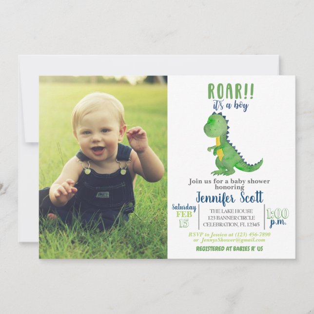 Boy Baby Shower Watercolor Dinosaur Photo Inbjudan (Framsida)
