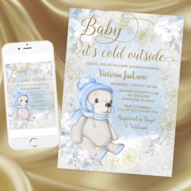 Boy Baby sitt Kall utanför babyutställningen Inbjudningar (Boy baby its cold outside baby shower invitation. Download and printed invitations available.)