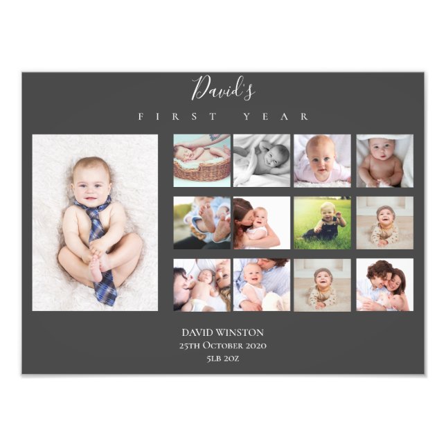 Boy Baby under First Year Photo Collage KeepsakCut Fototryck (Framsidan)