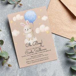 Boy Balloon Cute Brown Bunny Baby Shower Inbjudningar