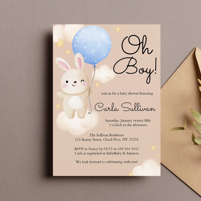 Boy Balloon Cute Brown Bunny Baby Shower Inbjudningar (Skapare uppladdad)