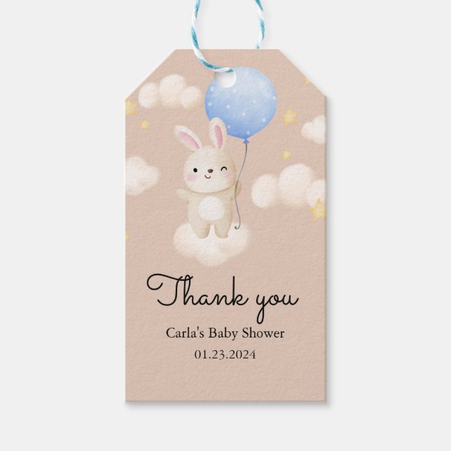 Boy Balloon Cute Brown Bunny Baby Shower Presentetikett (Framsidan)