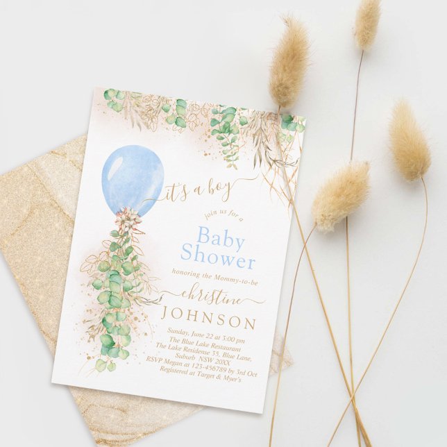 Boy Balloon Eucalyptus Guld Glitter Baby Shower Inbjudningar (Skapare uppladdad)