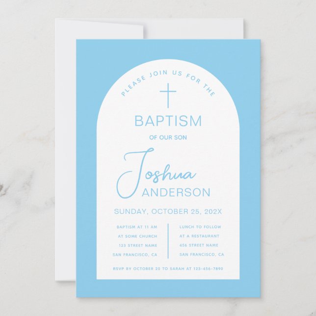 Boy Baptism Baby blue White Arch Script Religiösa Inbjudningar (Framsida)