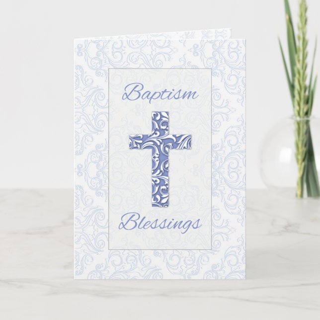 Boy Baptism Blessings Blue Kor Damask Swirls Kort (Framsida)