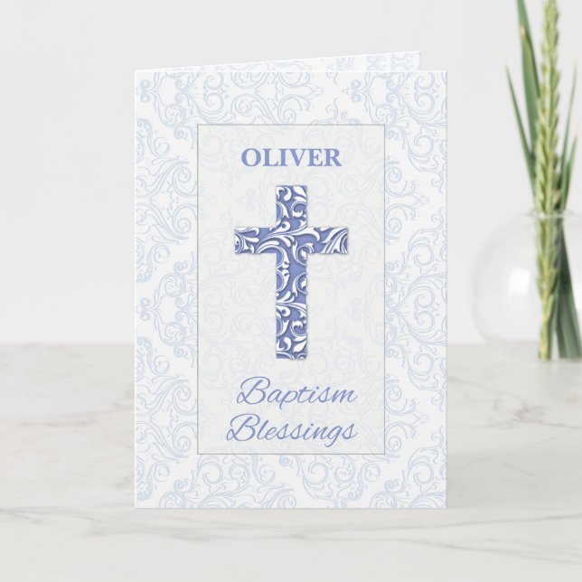 Boy Baptism Blessings Blue Kor Damask Swirls Kort (Framsida)