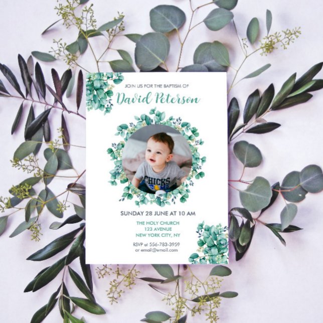 Boy Baptism Blommigt Teal Blue WAN Investigation Inbjudningar (Boy Baptism Floral Teal Blue Wreath Invitation)