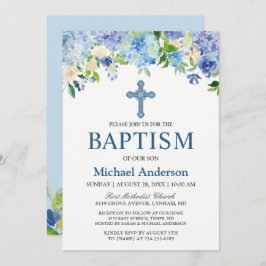 Boy Baptism Blue Hydrangea Watercolor Blommigt Inbjudningar