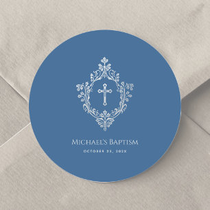 Boy Baptism Classic Blue Vintage Silver Vapensköld Runt Klistermärke