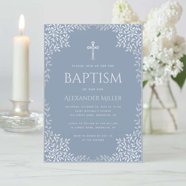 Boy Baptism Dusty Blue Elegant Faux Silver Löv Inbjudningar (Skapare uppladdad)