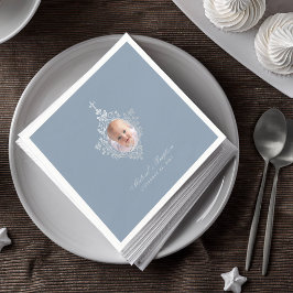 Boy Baptism Dusty Blue Elegant Faux Silver Photo Pappersservett