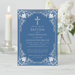 Boy Baptism Första födelsedag Vintage Classic Blue Inbjudningar