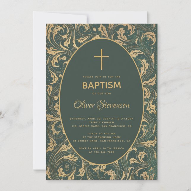 Boy Baptism Guld Thistle Kor Grönt Oval Elegant Inbjudningar (Framsida)