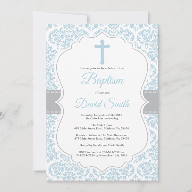 Boy Baptism-inbjudan Blue och Grått Damask Inbjudningar (Framsida)