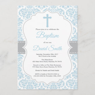 Boy Baptism-inbjudan Blue och Grått Damask Inbjudningar