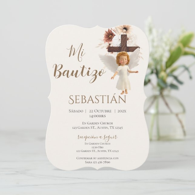 Boy Baptism Invitation in Spanish Boho Inbjudningar (Stående Fram)
