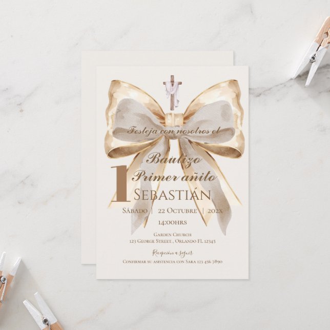 Boy Baptism Invitation in Spanish Boho Inbjudningar (Fram/Back In Situ)