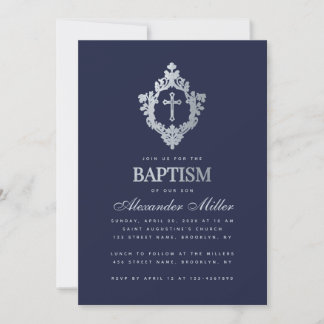Boy Baptism Navy Blue Faux Silver Vintage Vapenskö Inbjudningar