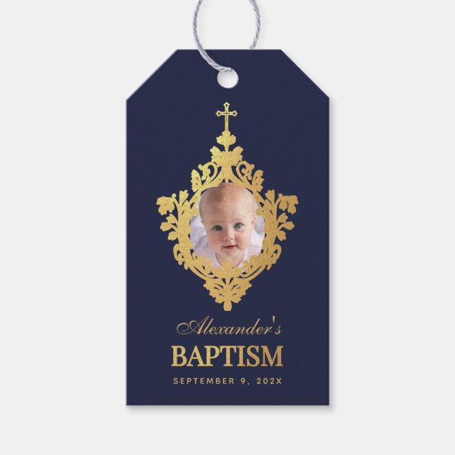 Boy Baptism Navy Blue Photo Faux Guld Elegant Presentetikett (Framsidan)