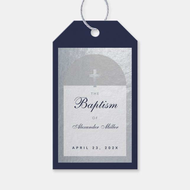 Boy Baptism Navy Blue Script Faux Silver Arch Presentetikett (Framsidan)