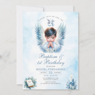 Boy Baptism och första födelsedag Blue Blommigt Ko Inbjudningar
