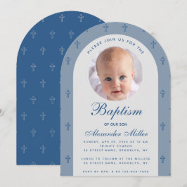 Boy Baptism Photo Modern Dusty Blue Arch-skript Inbjudningar