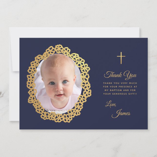 Boy Baptism Photo Navy Blue Guld Blommigt Wandan Tack Kort (Framsida)