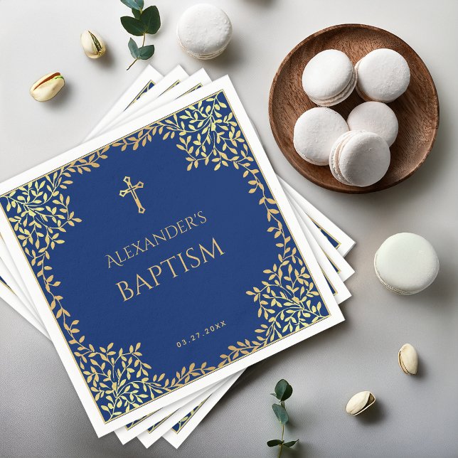Boy Baptism Royal Blue Faux Guld Löv Religiösa Pappersservett (Skapare uppladdad)