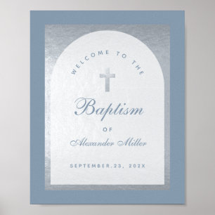 Boy Baptism Silver Arch Dusty Blue Välkomsttecken Poster