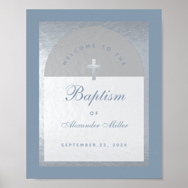 Boy Baptism Silver Arch Dusty Blue Välkomsttecken Poster (Framsidan)