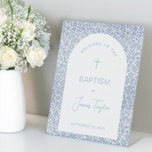 Boy Baptism Welcome Blue White Arch Floral Pattern