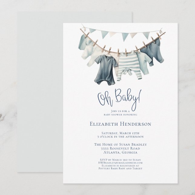 Boy Barnkläders Clothesline Boy Baby Shower Inbjudningar (Fram/baksida)