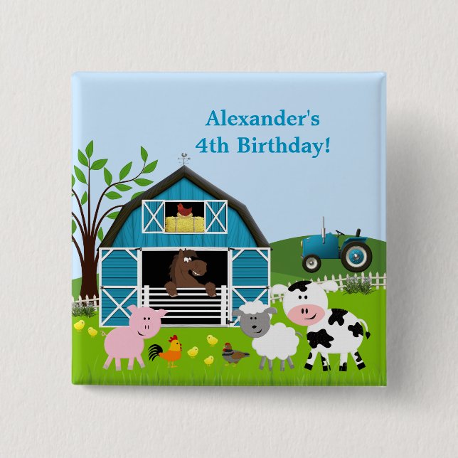 Boy Barnyard Boskap Birthday Button Knapp (Framsida)