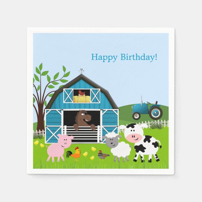 Boy Barnyard Boskap Birthday Pappra Napkins Pappersservett (Framsidan)