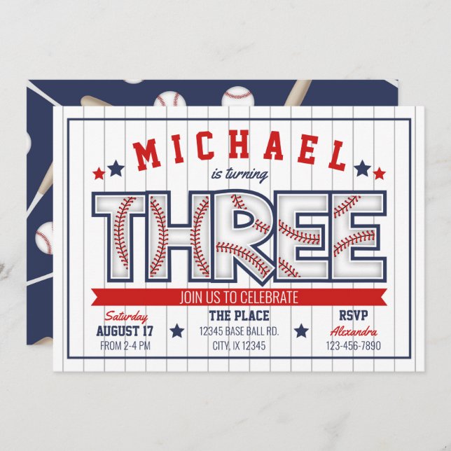 Boy Baseball 3:e födelsedagsinbjudan Inbjudningar (Fram/baksida)
