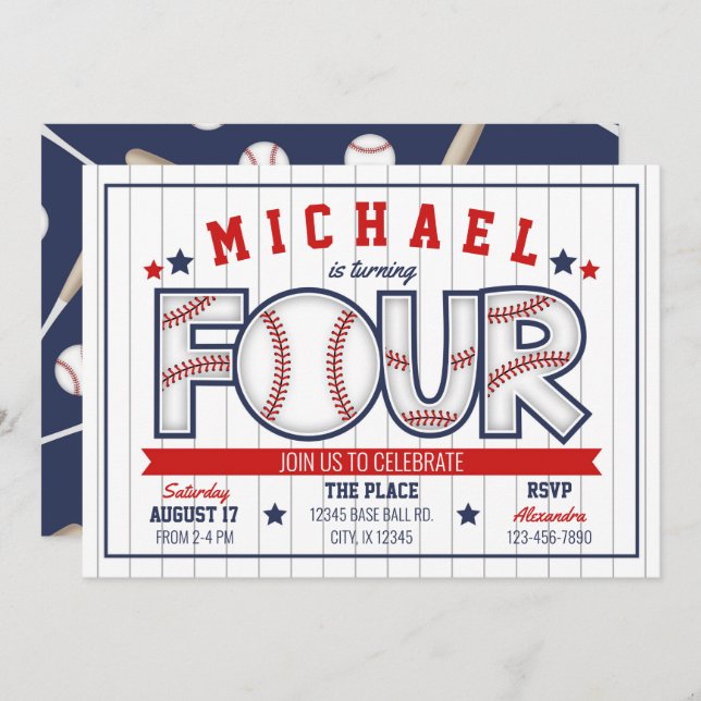 Boy Baseball 4e födelsedagen-inbjudan Inbjudningar (Fram/baksida)