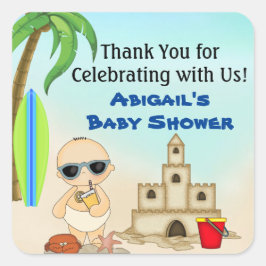Boy Beach Baby Sandcastle Baby Shower Tack Fyrkantigt Klistermärke